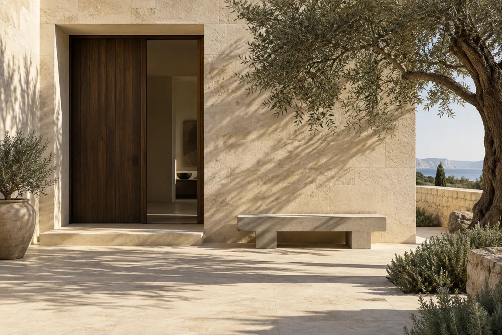 Sunlit limestone courtyard with an olive tree